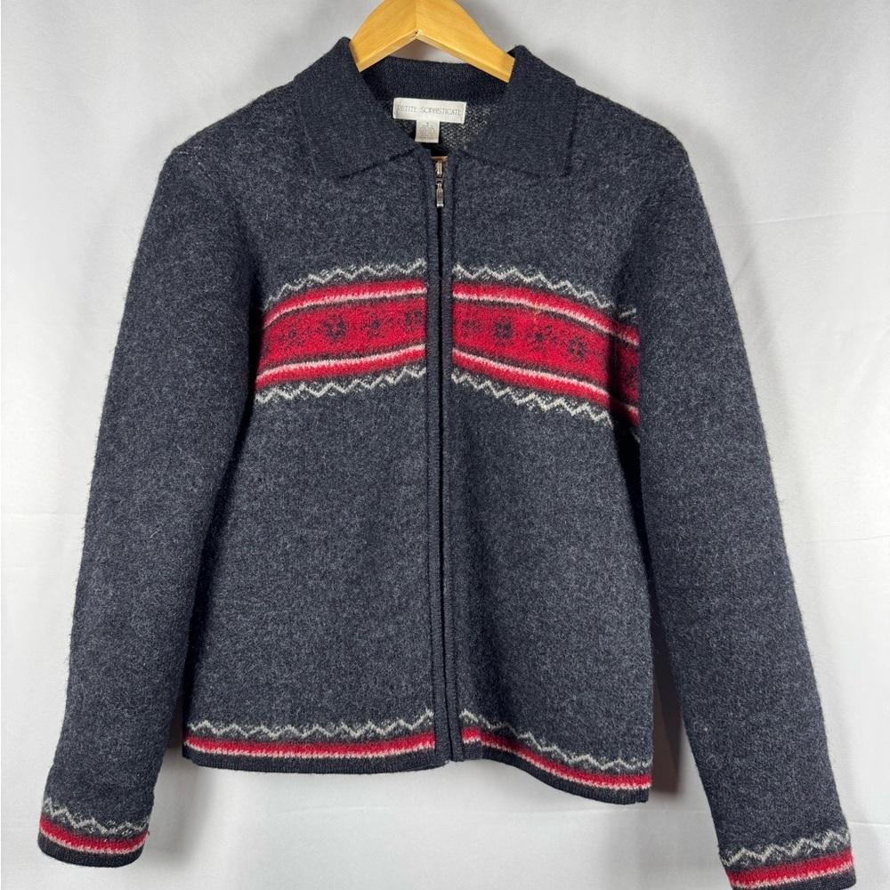 Womens Wool Fair Isle Sweater Zip Up Collared Layering Outdoors Skiing Size S